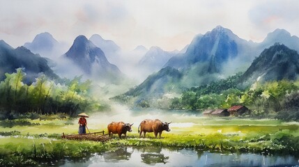 A watercolor painting of a farmer plowing a rice paddy with two water buffalo in front of mountains and a river.