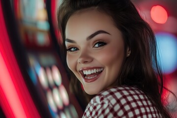 Joyful woman smiling near neon lights in vibrant urban setting