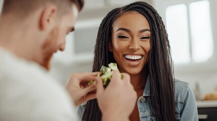 Joyful friends sharing a healthy meal in a bright kitchen setting