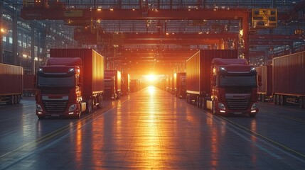 Poster - Trucks are neatly arranged in a large warehouse as the sun sets, illuminating the space with a warm glow, highlighting the logistics operations taking place.