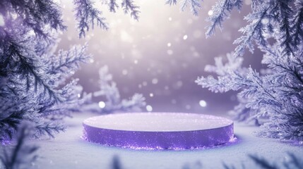 Poster - The scene features a circular purple platform in the midst of a snowy forest, illuminated by soft light. Surrounding frosted trees enhance the enchanting, wintery ambiance, evoking a sense of magic.