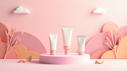 Aufkleber - Minimal 3D display for summer cosmetic product presentation using vector scene nature landscape elements and pink podium.