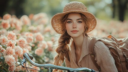 young woman in straw hat with bike and flowers