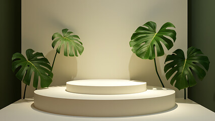 Aufkleber - Minimalist podium features natural leaf lighting for product display showcase in macro photography settings.