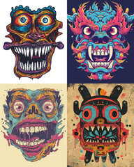 Wall Mural - Colorful screen printing of an evil monster face