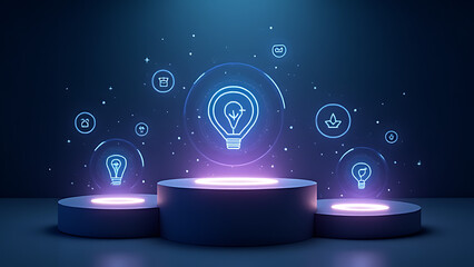 Poster - Modern sleek podium displays glowing icons for building expertise in AI technologies for tech ads effectively showcasing innovation.