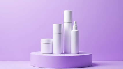 Poster - Modern white cylindrical skincare packaging showcases a minimalist design on a geometric pedestal under purple lighting.