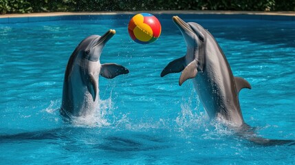 Two dolphins leaping out of the water to play with a ball.