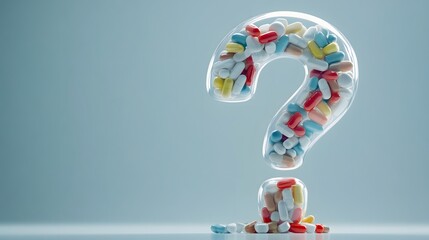 A question mark shaped glass filled with medicine pills 