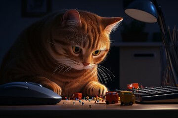 Poster - Pixelated cat sitting on a desk, knocking over tiny pixel art objects