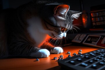 Poster - Pixelated cat sitting on a desk, knocking over tiny pixel art objects