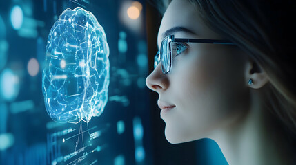 Human interacting with an AI brain processor, exploring AI machine learning in business strategy  -