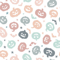 Poster - Cute kids Halloween vector pattern, seamless repeating pastel tile with adorable smiling pumpkin cartoons, holiday print design