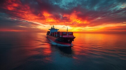 Aufkleber - A cargo ship glides smoothly over tranquil waters as the sun sets, creating a breathtaking backdrop of vivid oranges, pinks, and purples in the sky.