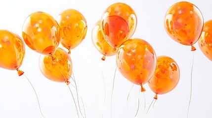 A bunch of orange balloons, floating on a white background. They are slightly translucent and have small dots of color on them.