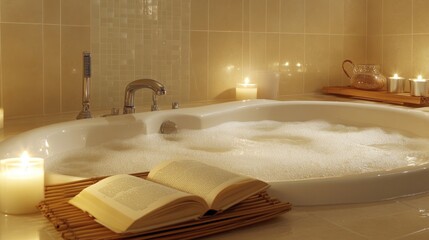 Poster - A tranquil bath is filled with bubbles, surrounded by candles and a neatly placed book on a wooden tray.