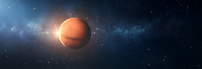 The planet Mars glowing red against a bright blue star-filled sky -