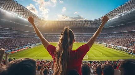 A female fan celebrates with raised arms at a packed soccer stadium.