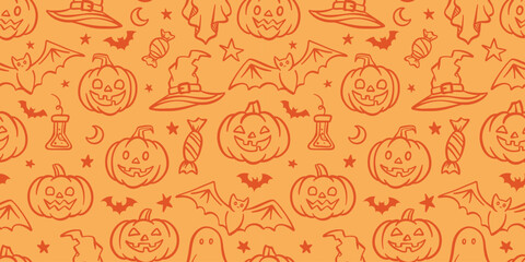 Aufkleber - Halloween repeat pattern, orange cartoon illustration wallpaper cute doodle illustration banner, seamless repeating vector background tile
