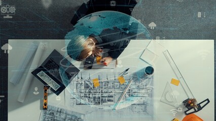 Poster - architect engineer working while working on laptop with sticky notes and calculator to design buildi