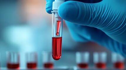 A gloved hand holding a test tube with a red liquid sample.