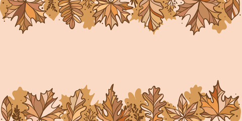 Poster - Autumn leaves banner design, hand drawn leaves, warm natural brown fall color theme, empty promotional template, vector frame or border design