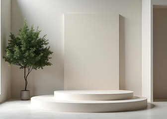 Poster - Small stage sets for product display amidst empty space with a single tree in the background.