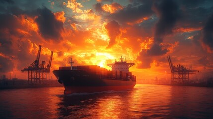 Aufkleber - The scene features a cargo ship navigating through a harbor at sunset, surrounded by striking clouds and the silhouettes of cranes, creating a vivid display of colors.