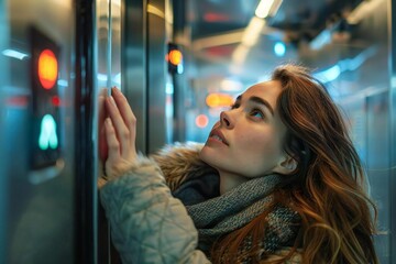 Side view photo of female Caucasian trying to stop the elevator door