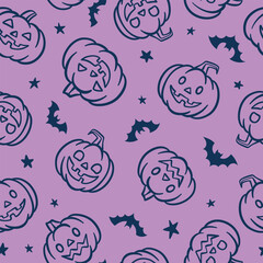 Poster - Purple Halloween pumpkin seamless vector repeat pattern, cartoon line art illustration cute lantern print design