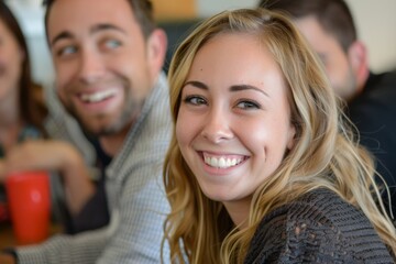 Group of happy young business people in a meeting at office. Selective focus