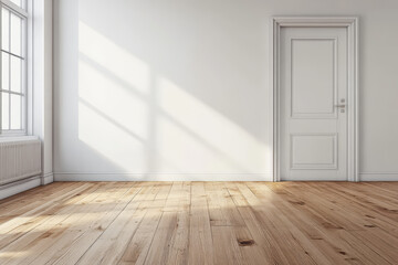 bright, minimalist room with white empty wall and wooden floor, featuring closed door and large windows allowing natural light to stream in. space feels open and serene