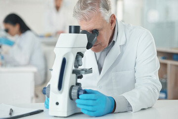 Poster - mature, man and scientist with microscope in lab with disease experiment, medical study and dna proc