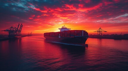 A cargo ship moves steadily through the harbor waters during sunset. The sky is filled with vibrant colors, and cranes line the waterfront, creating a picturesque scene of maritime activity.