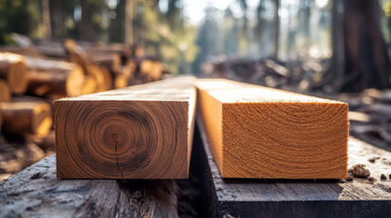 Two wooden beams, one with smooth CLT finish and other with rough texture, are placed side by side in forest setting, showcasing contrast in wood processing