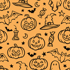 Poster - Cute Halloween vector pattern, cartoon repeat background, festive print design, endless tile