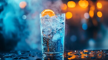 A tall glass of refreshing drink with ice and a slice of orange, condensation and water drops on the bar counter, with a blurred background of a bar with lights and smoke.