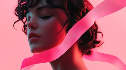 A woman with her eyes closed and a pink ribbon flowing around her face.