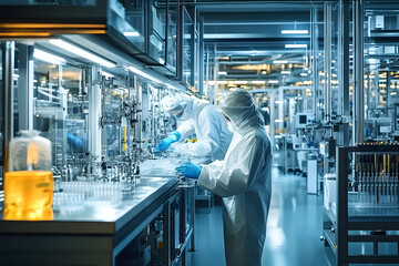 Poster - in a modern industrial facility, scientists and technicians work together on pharmaceutical and medi
