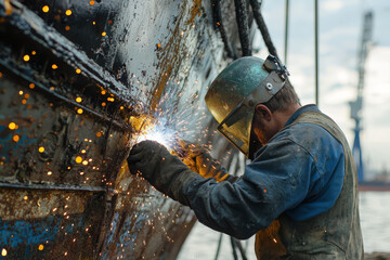 man is welding on side of large ship, surrounded by bright sparks. He is wearing protective gear, including helmet and gloves, ensuring safety while working. background shows industrial setting with