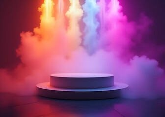 Vibrant lights dance around an abstract podium shrouded in a mist of colored smoke.