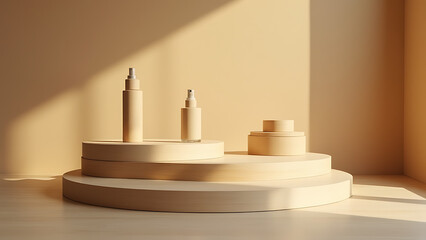 Poster - Wooden minimalist podium displays products in soft light surroundings effectively.