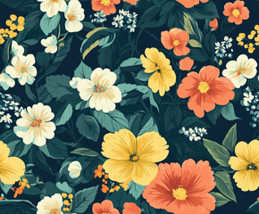 Seamless vibrant floral pattern with tropical blossoms and lush greenery