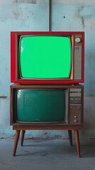 Poster - vertical stacks of two green screen monitor tvs red frame in empty white room background, television old aged classical monitors device chroma key equipment 3d render composition
