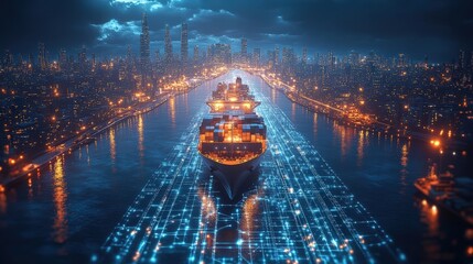 Futuristic cargo container ships utilize technology for global logistics, employing world maps and supply chain networks for container export-import