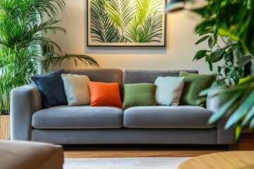 Chic and welcoming modern seating space showcasing a sofa and plants set against a soft-toned wall