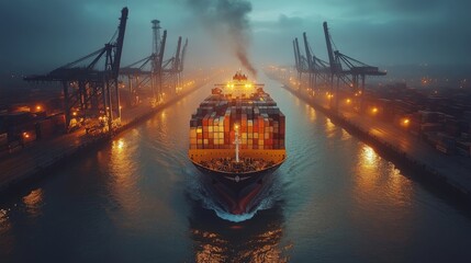 Aufkleber - A large cargo ship moves through a busy port during twilight, with shipping containers stacked high and cranes lining the waterfront, creating an industrious atmosphere.