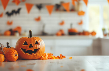 pumpkin carving station with Halloween decorations, featuring carved pumpkin with smiling face, surrounded by autumn leaves and festive orange bunting in cozy kitchen