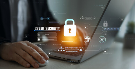 Poster - Person using laptop with digital padlock shield.Cyber security protection concept.Data protection concept.Protecting herself from cyber attacks and personal data.Cyber security network.