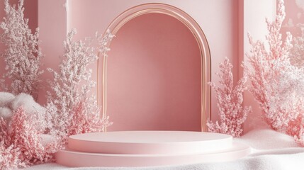 Leinwandbilder - A charming setup featuring a soft pink archway, surrounded by delicate snowy foliage, creates an enchanting atmosphere perfect for fashion shoots or artistic presentations, ideal for any occasion.